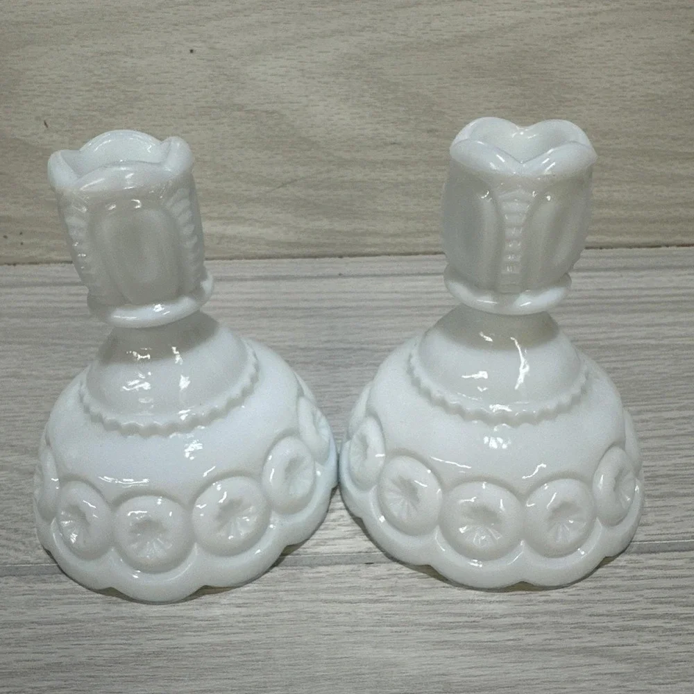 L.E. SMITH Milk Glass Moon & Star Candlestick Pair 4x4.5